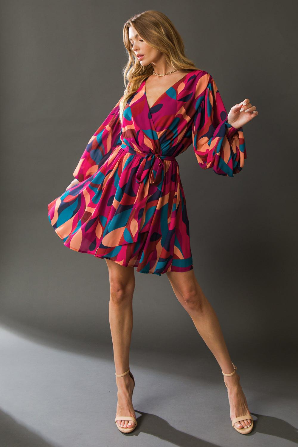 Boston Getaway Woven Mini Dress Surplice Neckline Elasticized Waist Self Tie