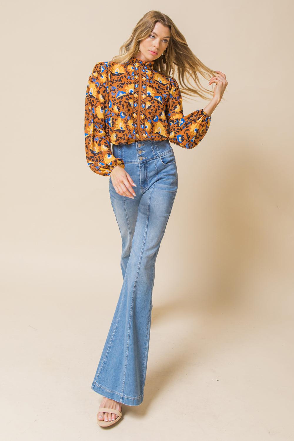 Overthinking It Woven Top With High Neckline And Ruffled Peasant Sleeves