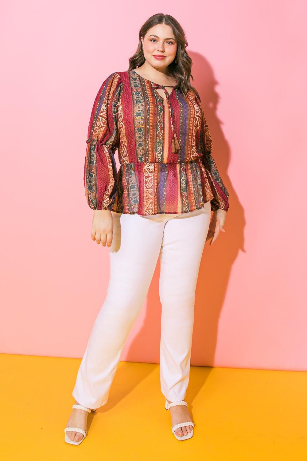 Thrilled For This Woven Top With Printed Peplum And Tassel Tie Polyester Fabric