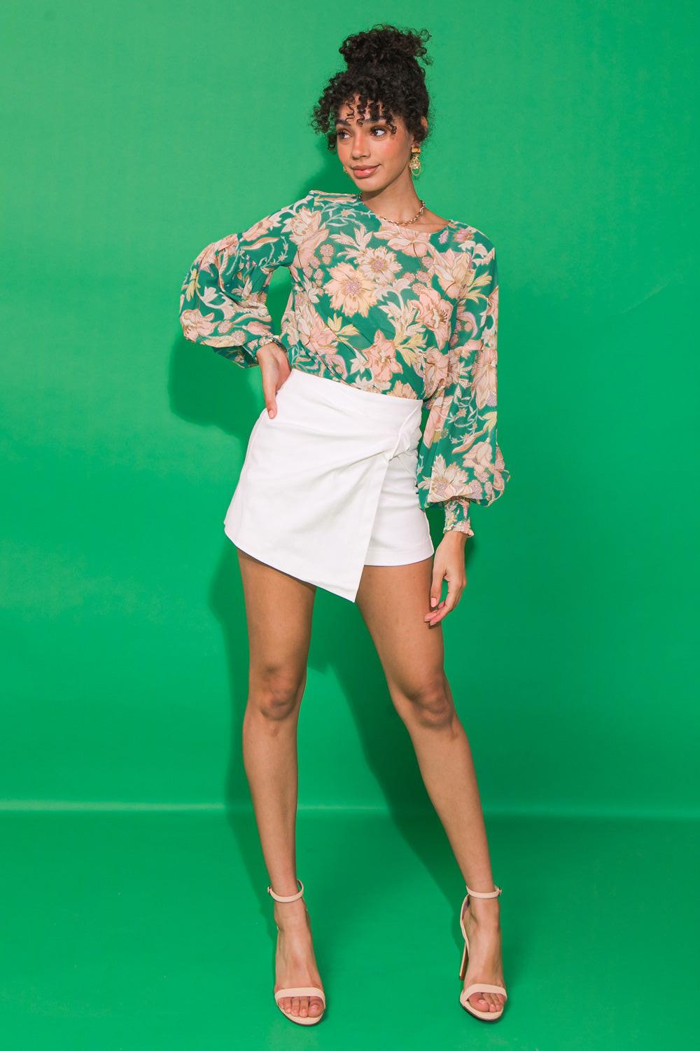 Daybreak Skyline Woven Top Round Neck Shirred Sleeves Back Keyhole Closure