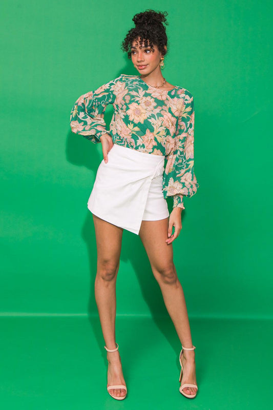 Daybreak Skyline Woven Top Round Neck Shirred Sleeves Back Keyhole Closure