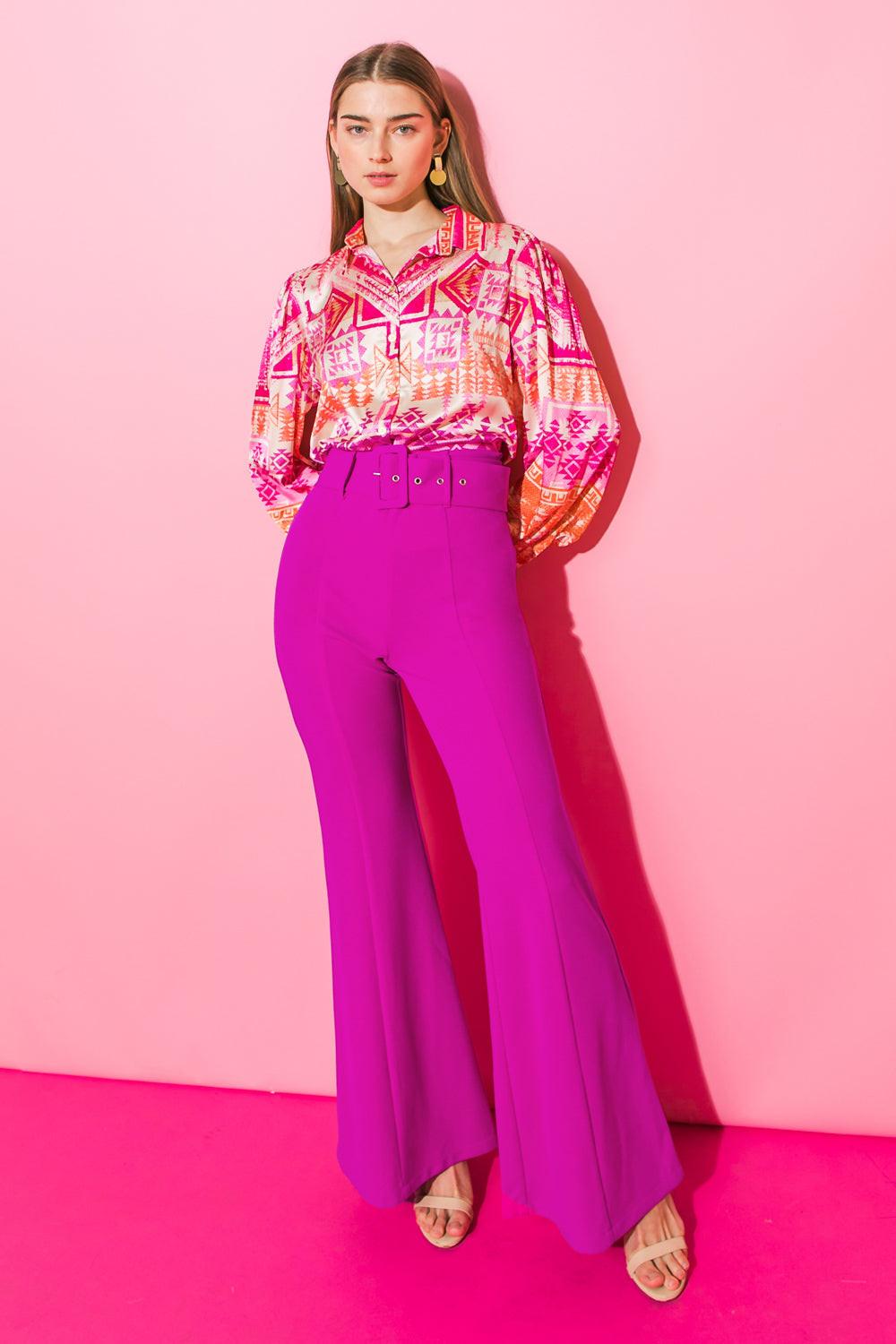 Countdown The Hours Woven Bell Bottom Flared Pants With Self Belt And Pockets