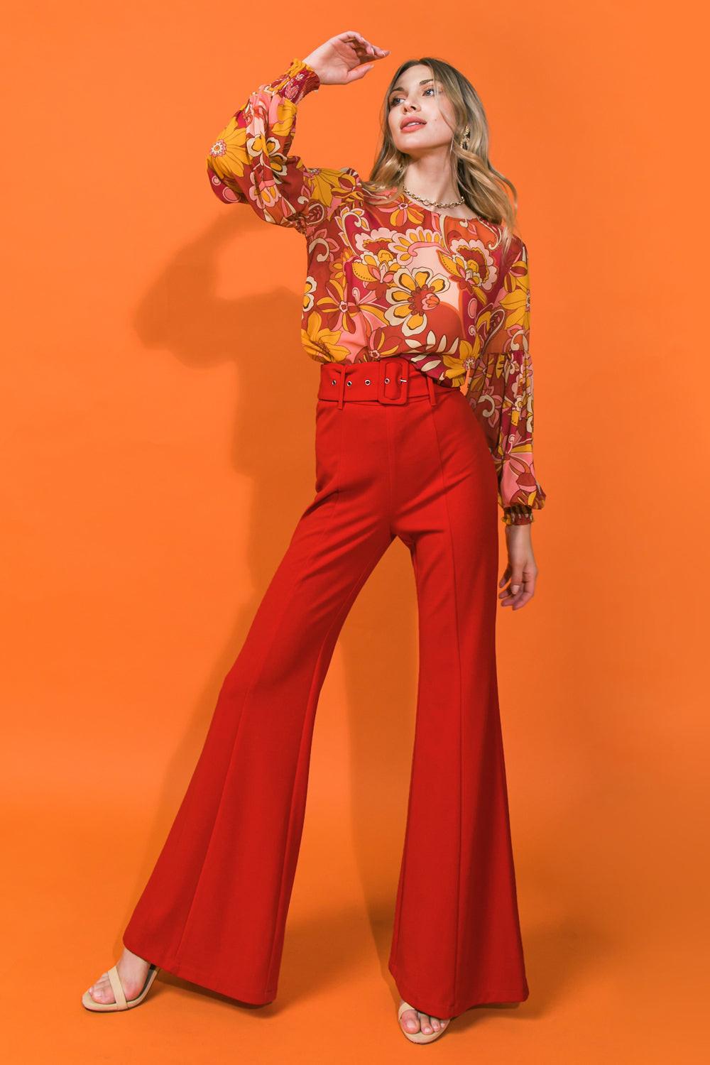 Countdown The Hours Woven Bell Bottom Flared Pants With Self Belt And Pockets