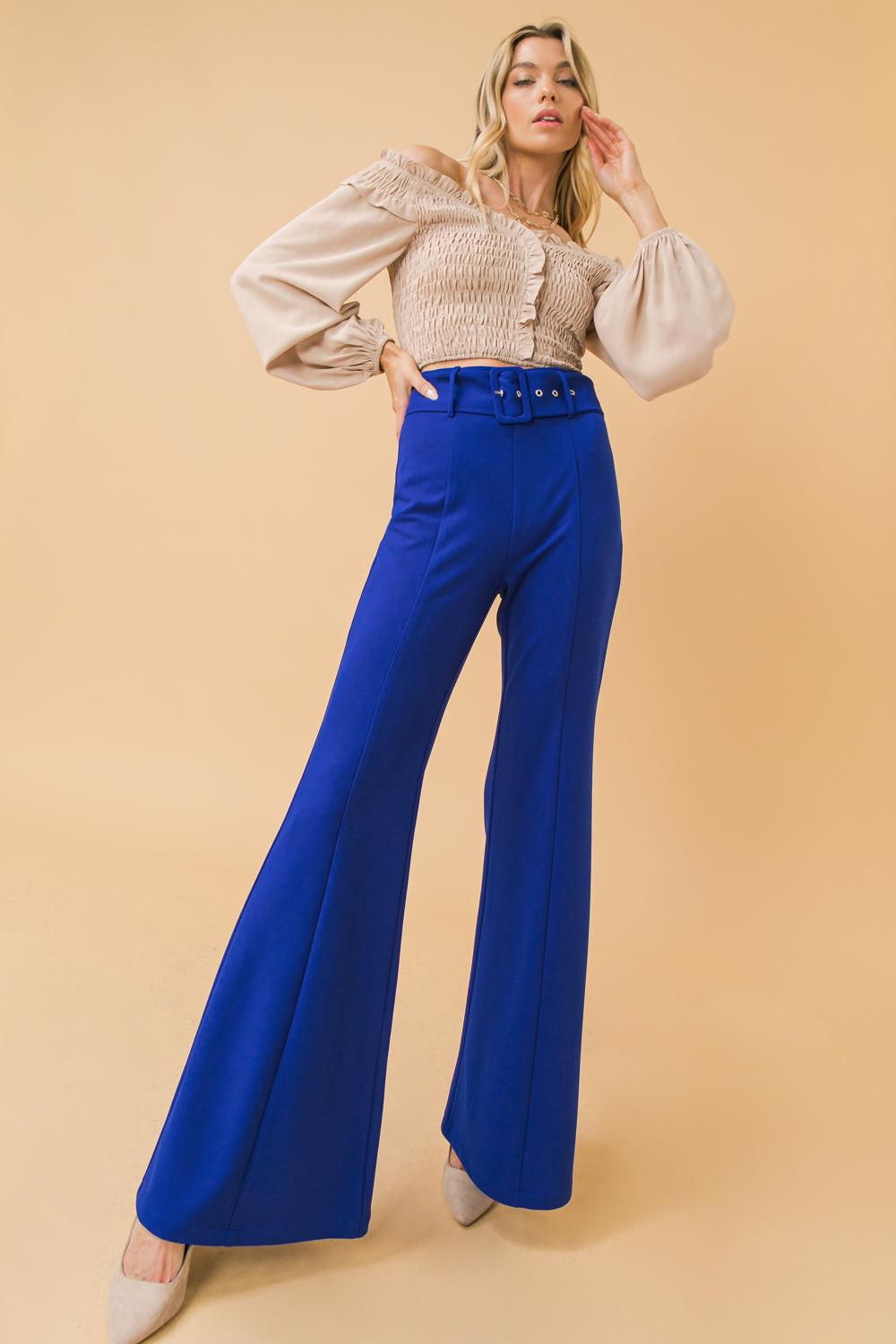 Countdown The Hours Woven Bell Bottom Flared Pants With Self Belt And Pockets