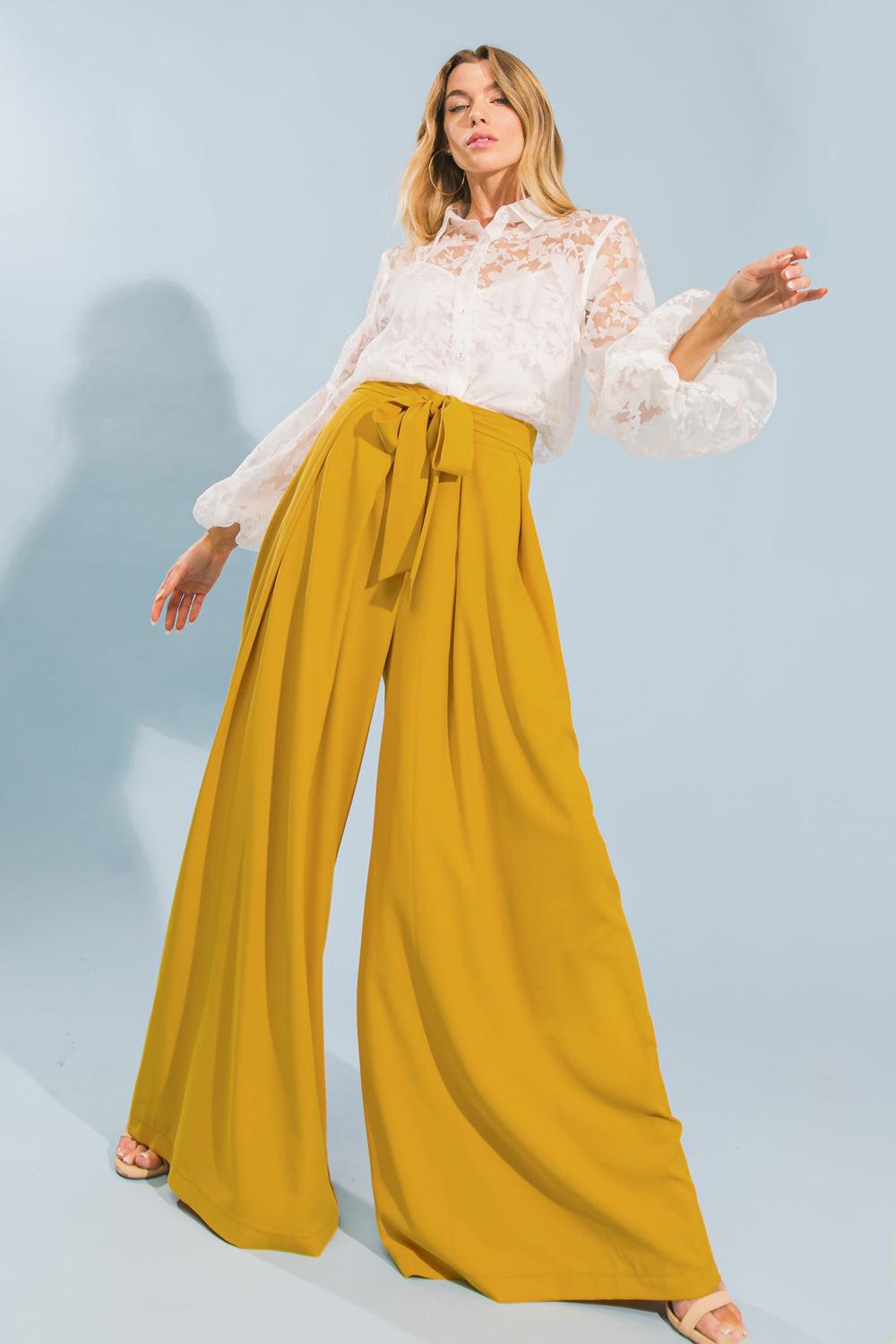 Love And Beyond Woven Pants With Inverted Pleat Front And Self Tie Wide Leg