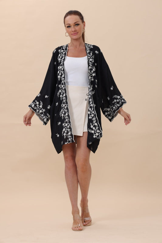 Soul Flow Apparel | Boho Floral Embroidered Open Front Kimono Cardigan – Lightweight