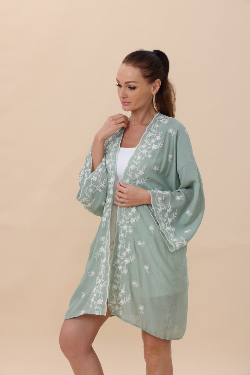 Floral Embroidered Open Front Kimono Cardigan – Lightweight-Soul Flow Apparel