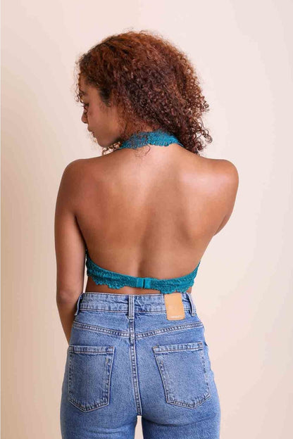 Leto Collection Floral Lace Halter Bralette in Teal with Back Closure and Adjustable Straps