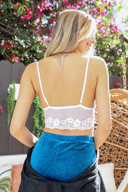 Back view of a Leto Collection floral lace strappy bralette with delicate floral detailing