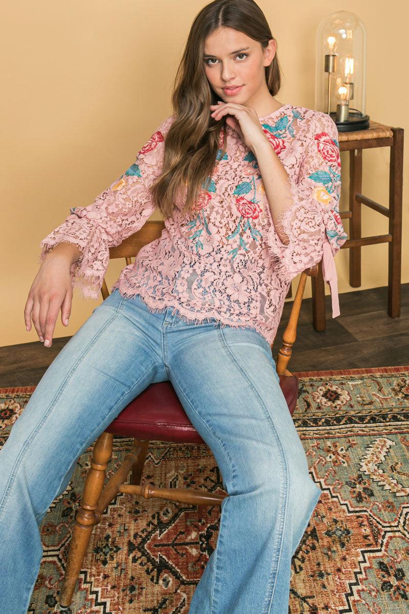 Embroidered Lace Top With Floral Embroidery For Elegant Silhouette