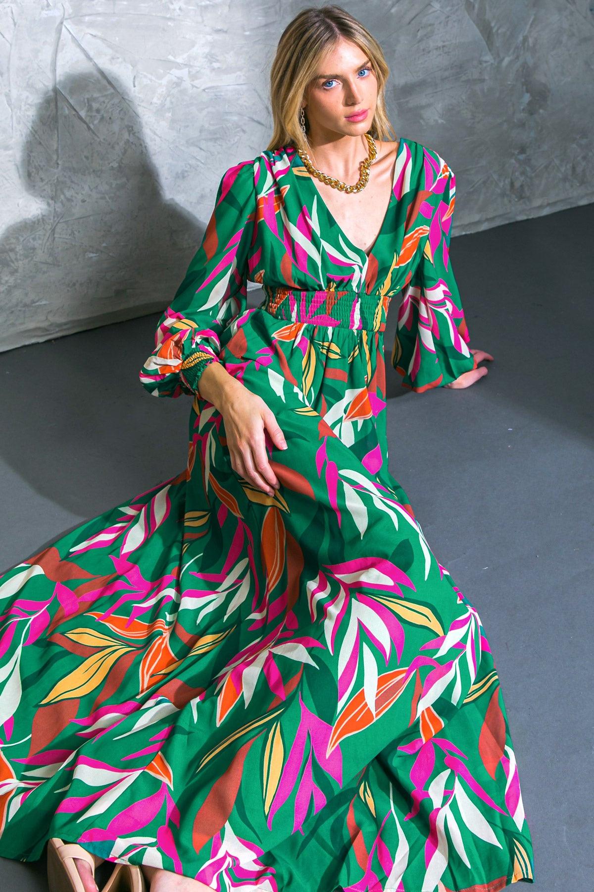 Gone Coastal Woven Maxi Dress With V Neckline Peasant Sleeves Smocked Waist