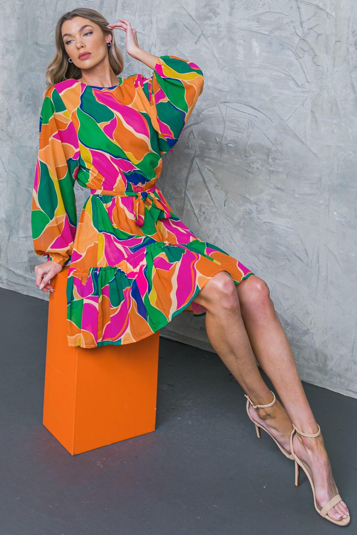 Thank Me Later Woven Mini Dress With Self Tie Waist Long Sleeve And Ruffled Hem