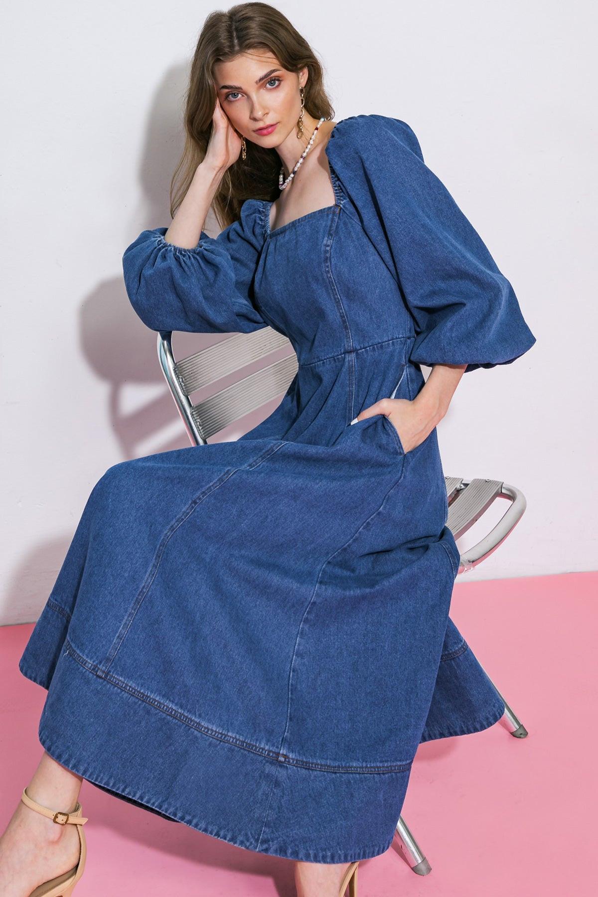 Feelin's Groovy Denim Midi Dress Square Neckline Long Sleeve Back Zip Closure