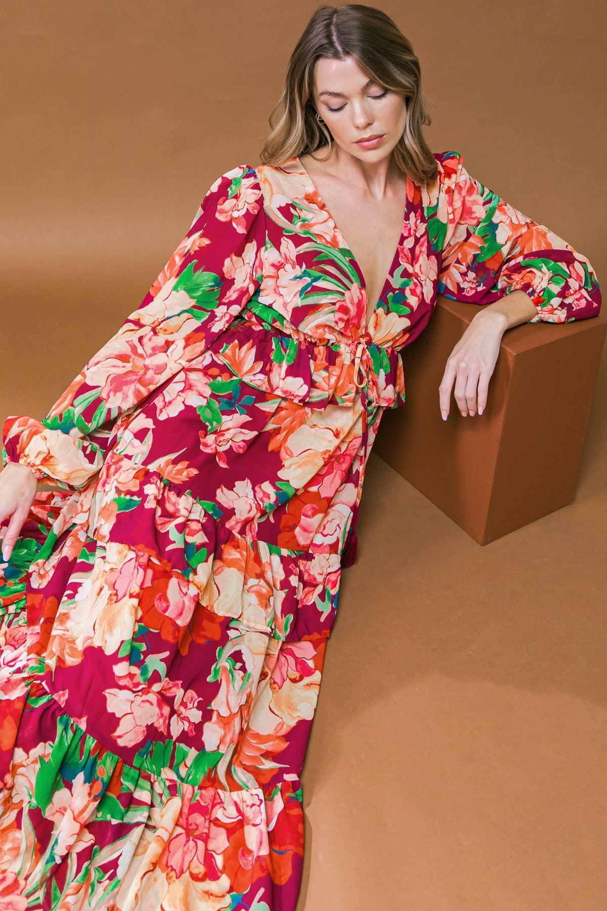 Leave You Speechless Woven Maxi Dress With V Neckline Long Sleeve Tiered Skirt