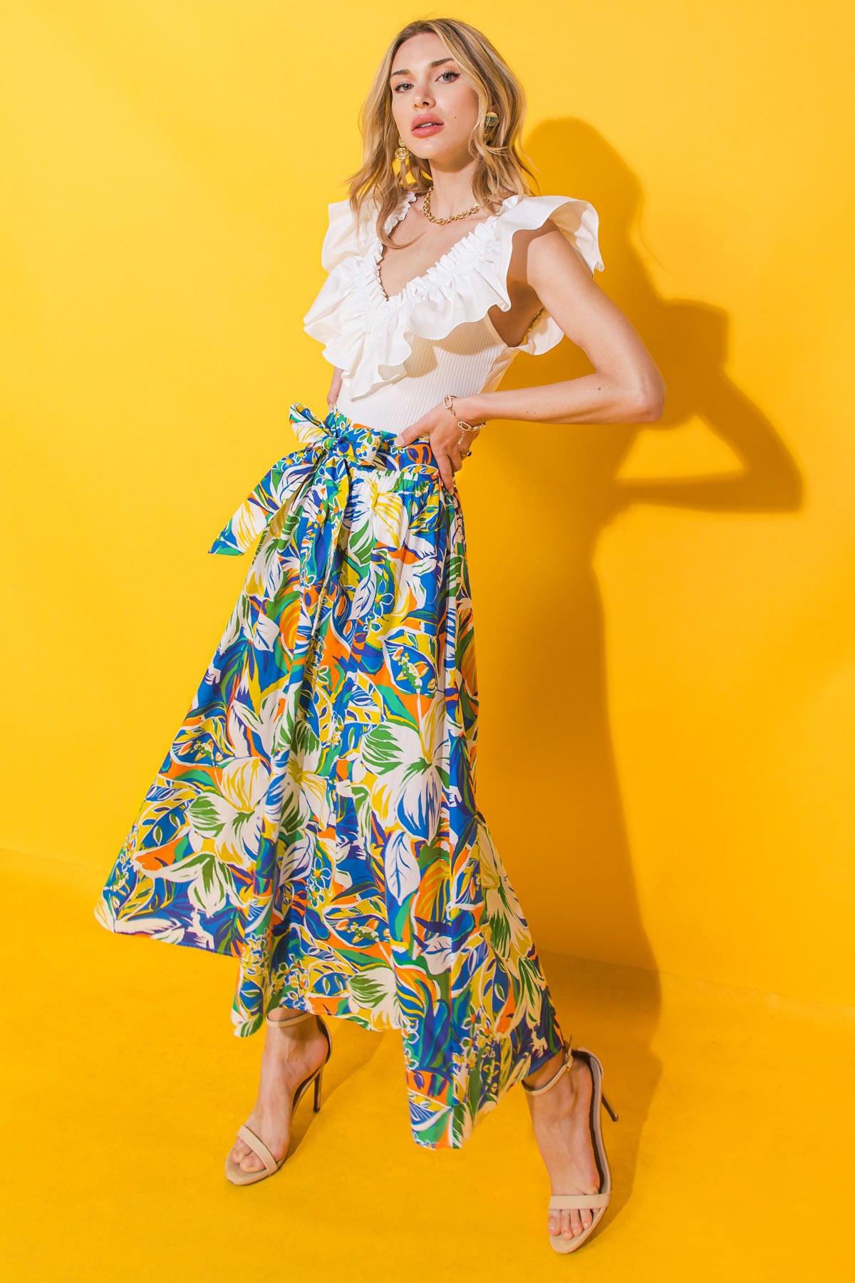 Printed Poplin Full Skirt With Self Tie And Pockets Side Zip Closure