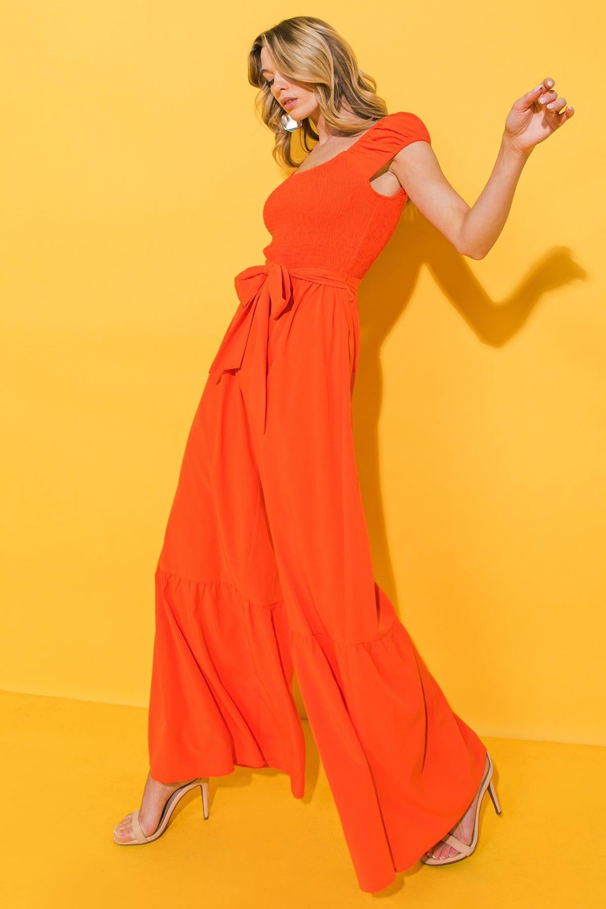 Smile Afternoon Woven Jumpsuit With Smocked Bodice And Self Tie Waist