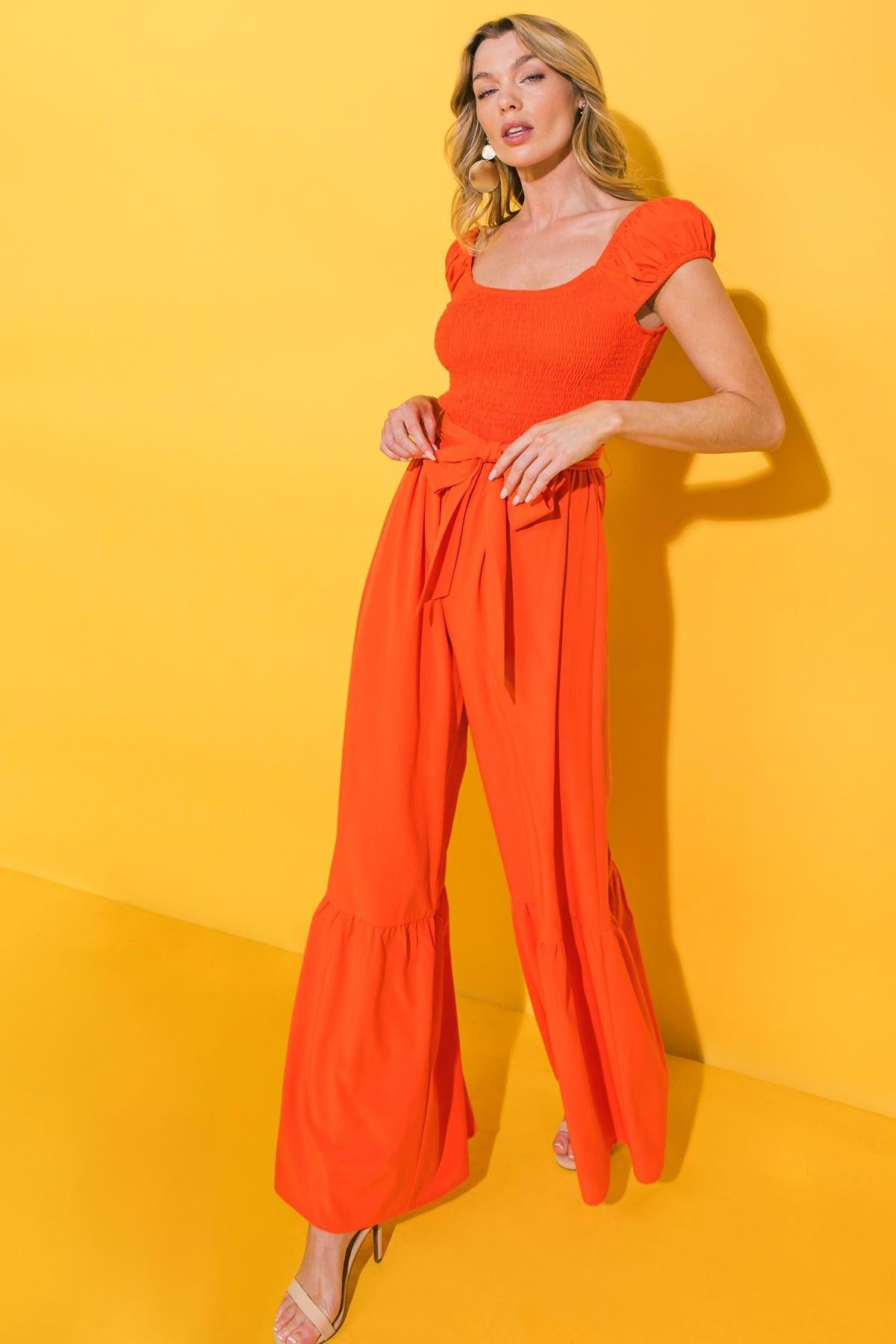 Smile Afternoon Woven Jumpsuit With Smocked Bodice And Self Tie Waist
