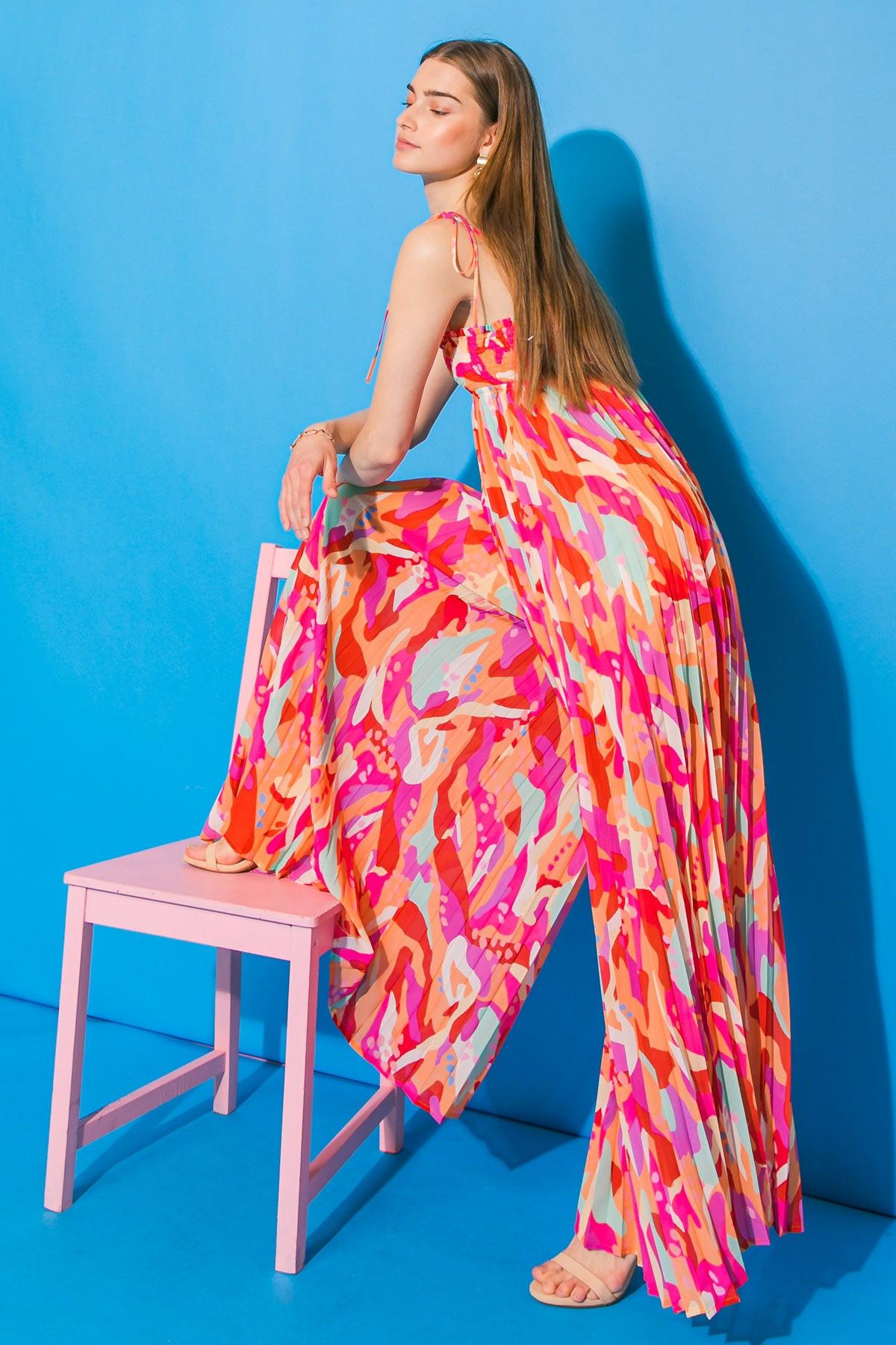 Better Get Going Woven Jumpsuit With Smocked Top And Pleated Body Printed
