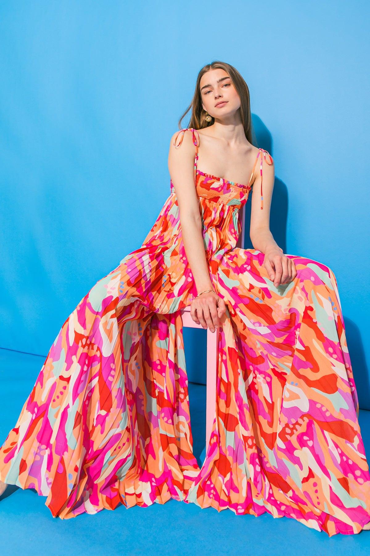 Better Get Going Woven Jumpsuit With Smocked Top And Pleated Body Printed