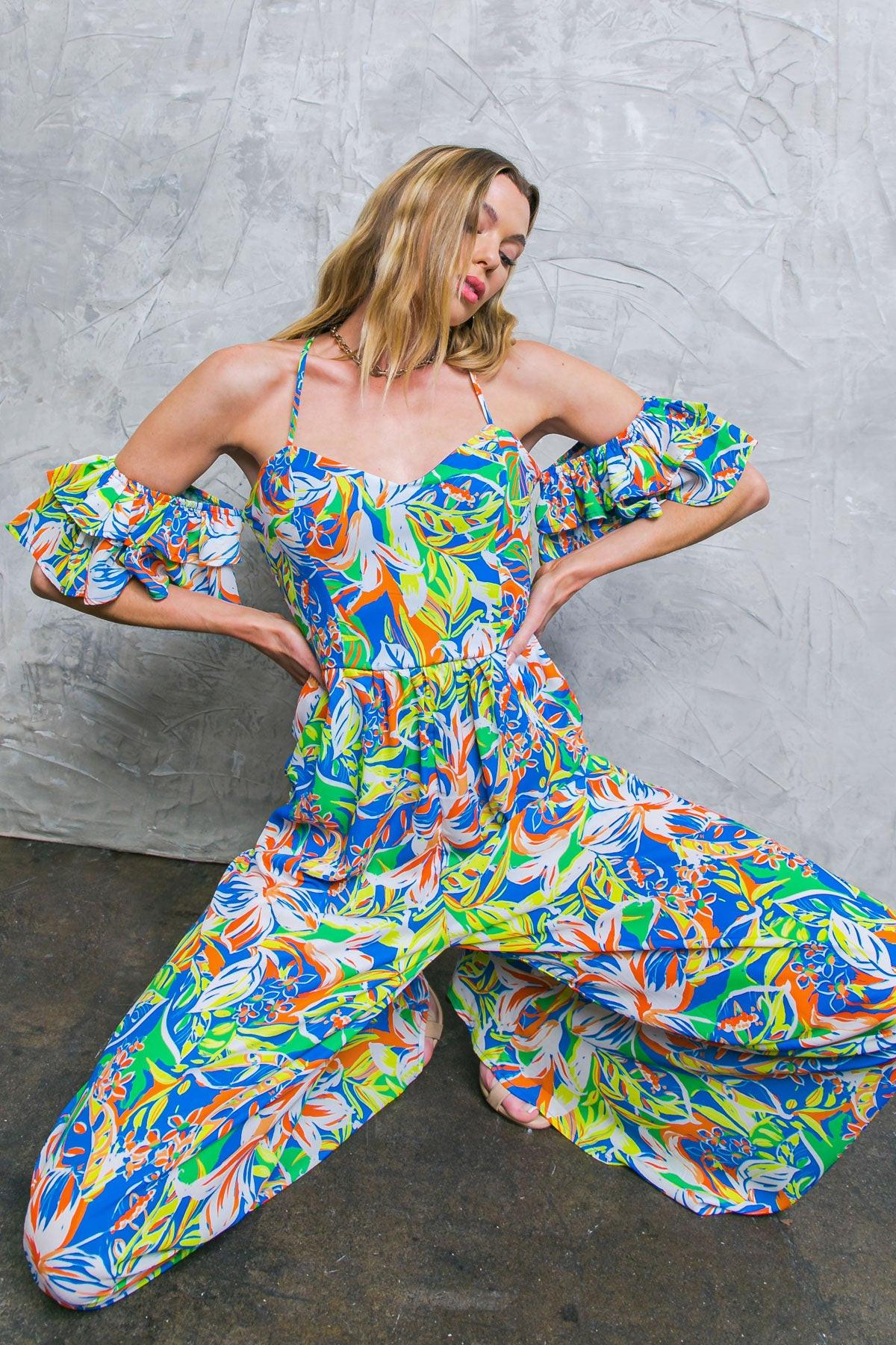 Unseen Beauty Floral Woven Jumpsuit With Cold Shoulder And Sweetheart Neckline