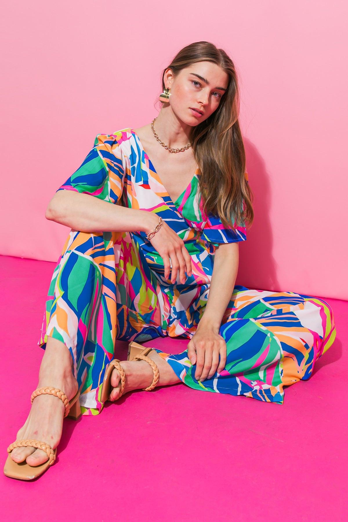 Whitewater Bay Printed Woven Jumpsuit With Surplice Neckline And Flutter Sleeves