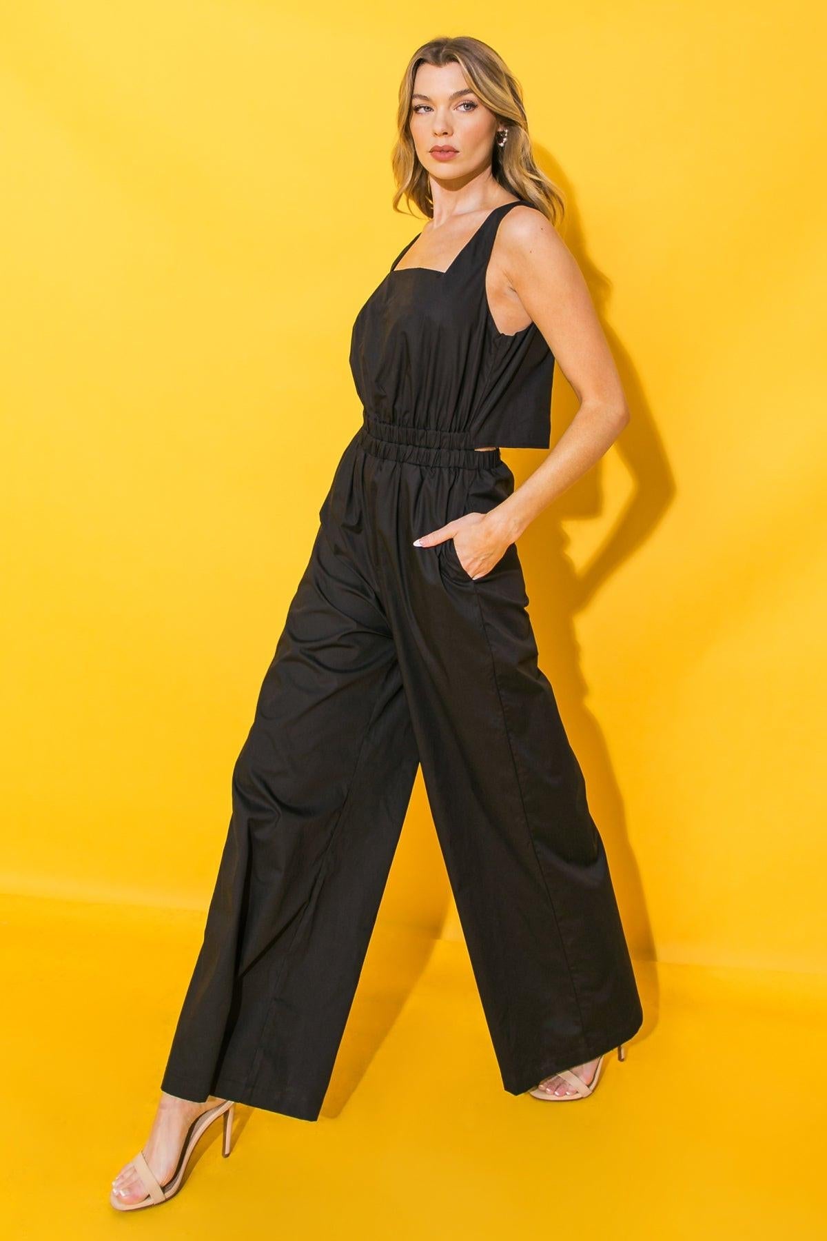Life With You Poplin Jumpsuit Sleeveless Square Neck Wide Leg Cotton