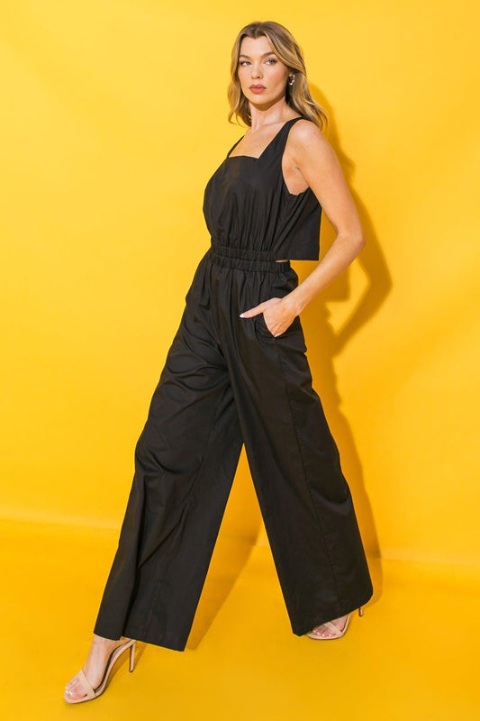 Life With You Poplin Jumpsuit Sleeveless Square Neck Wide Leg Cotton