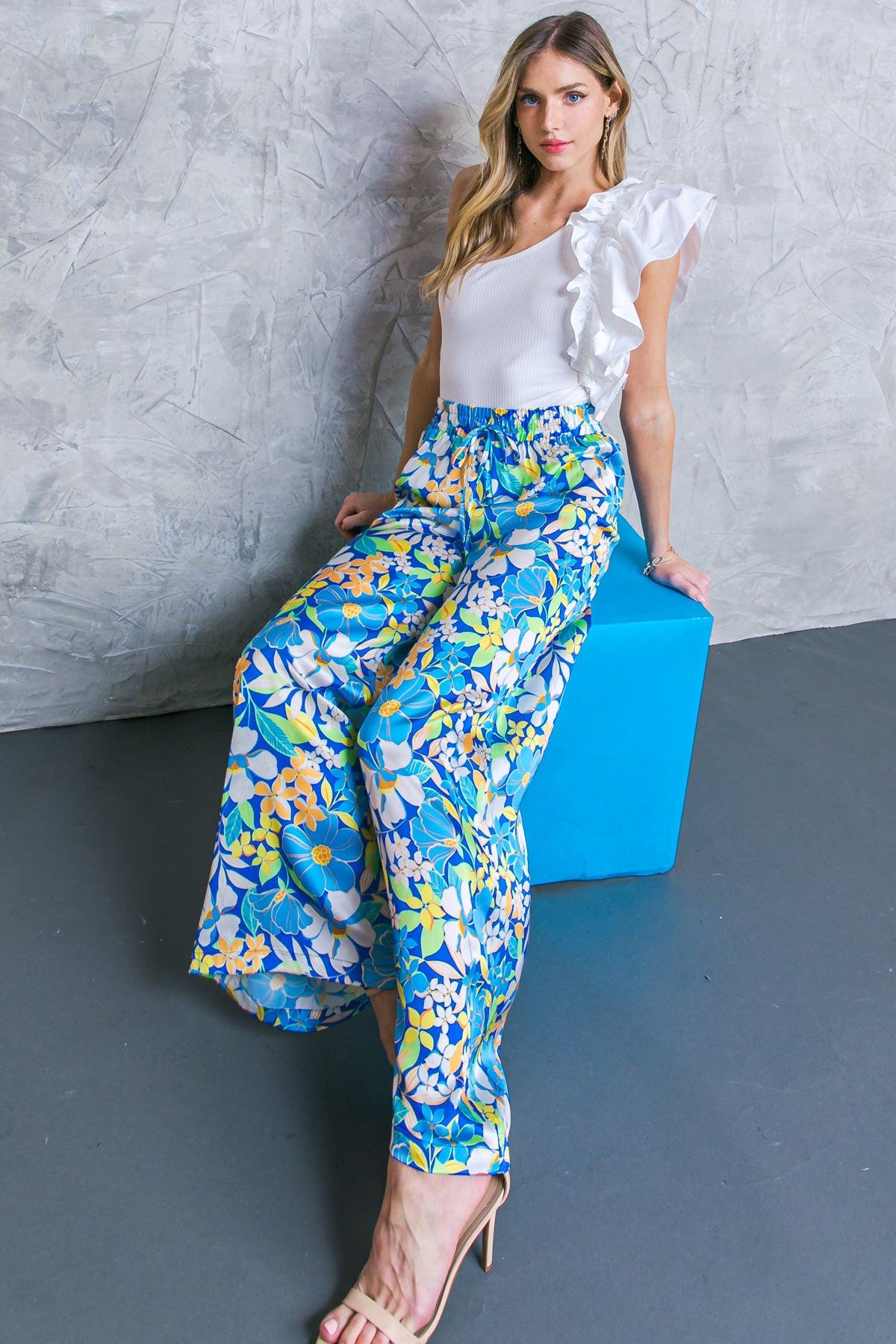 Cruising Through Satin Printed Wide Leg Pants With Tie Waist