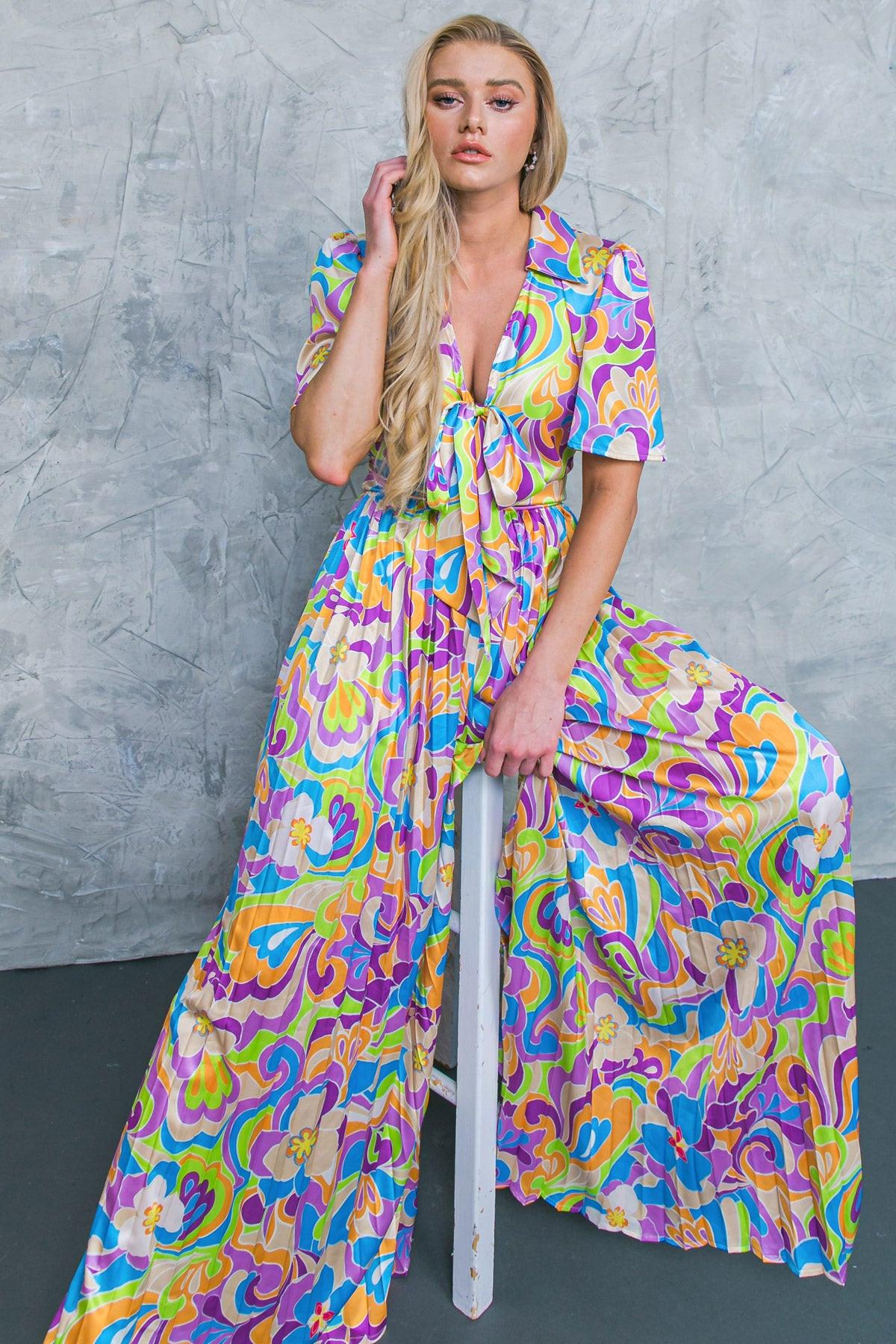 Secret Place Woven Jumpsuit With Shirt Collar V Neck And Pleated Wide Leg Pants