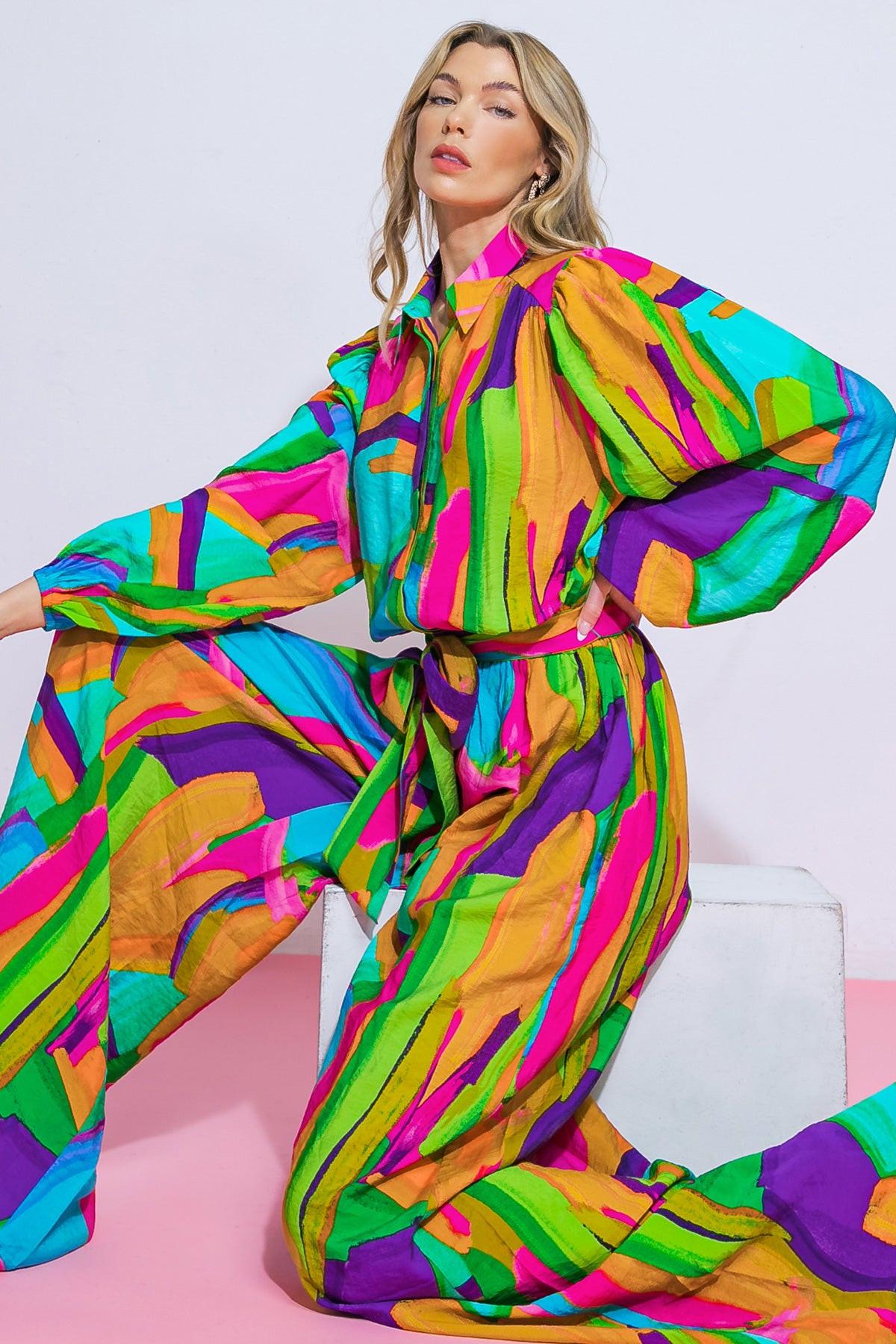 All My Heart Woven Jumpsuit With Shirt Collar Blouson Sleeves And Wide Leg