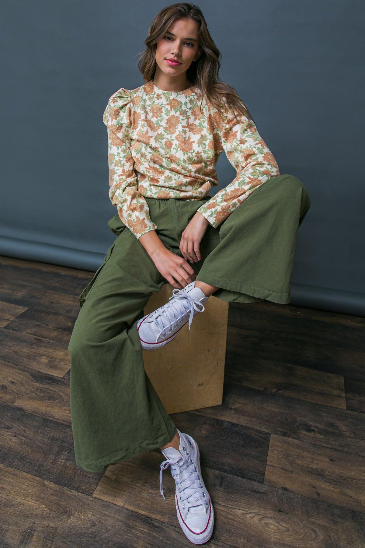 Officially Impressive Sweater Top With Printed Design And Long Puff Sleeves