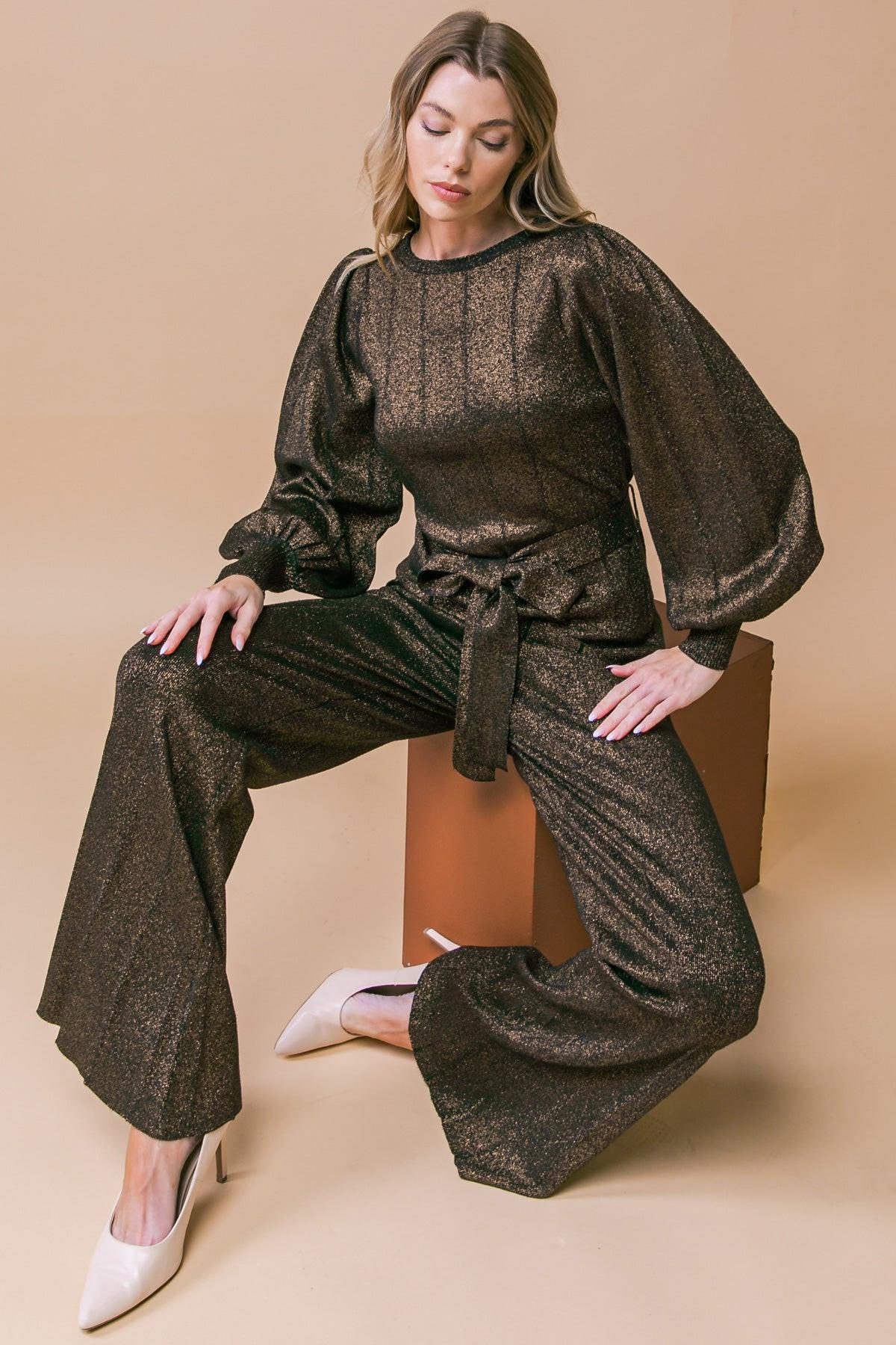 Stunning Stance Metallic Sweater Tunic and Wide Leg Pant Set