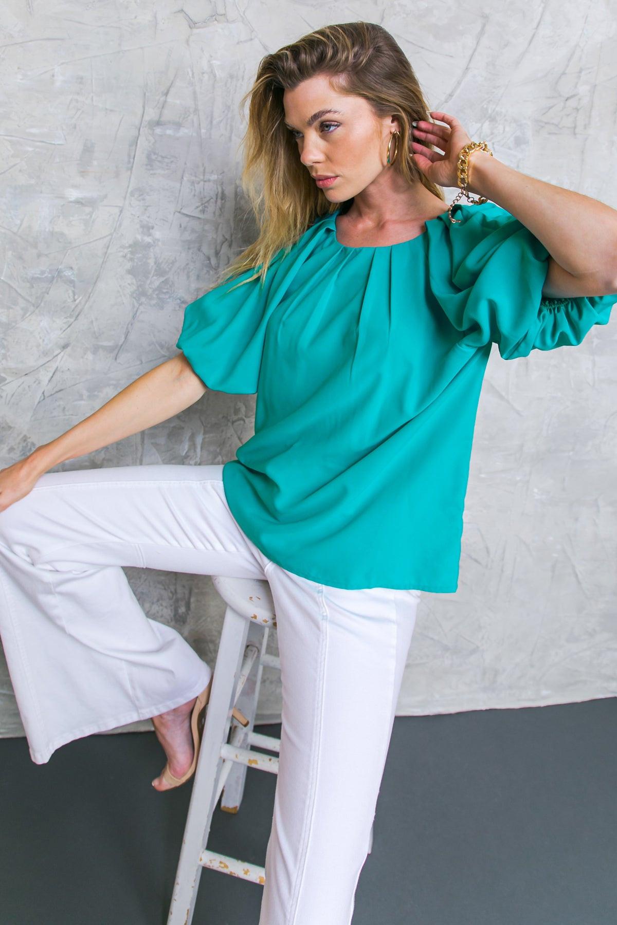 Loved Always Woven Top With Pleated Round Neck And Puff Sleeves