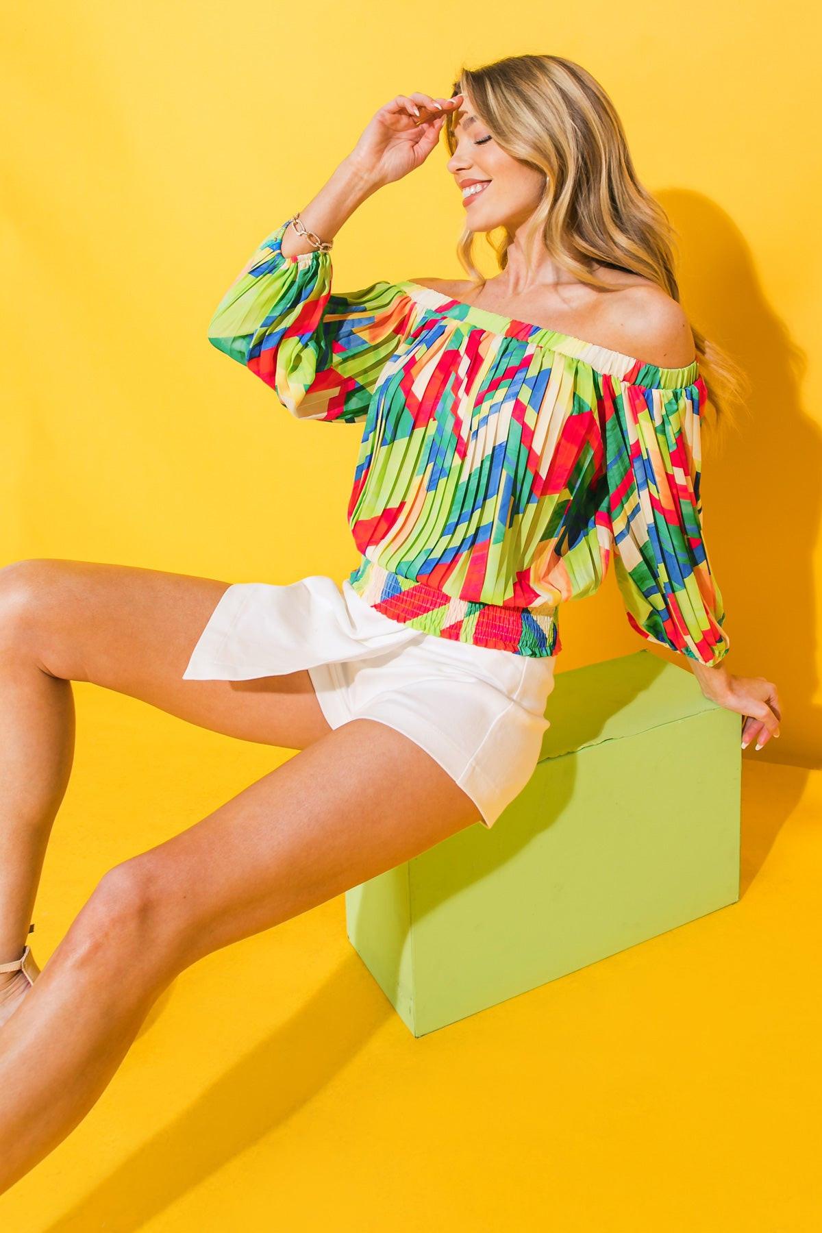 Printed Woven Top With Off Shoulder Neckline Pleated Body Smocked Waist