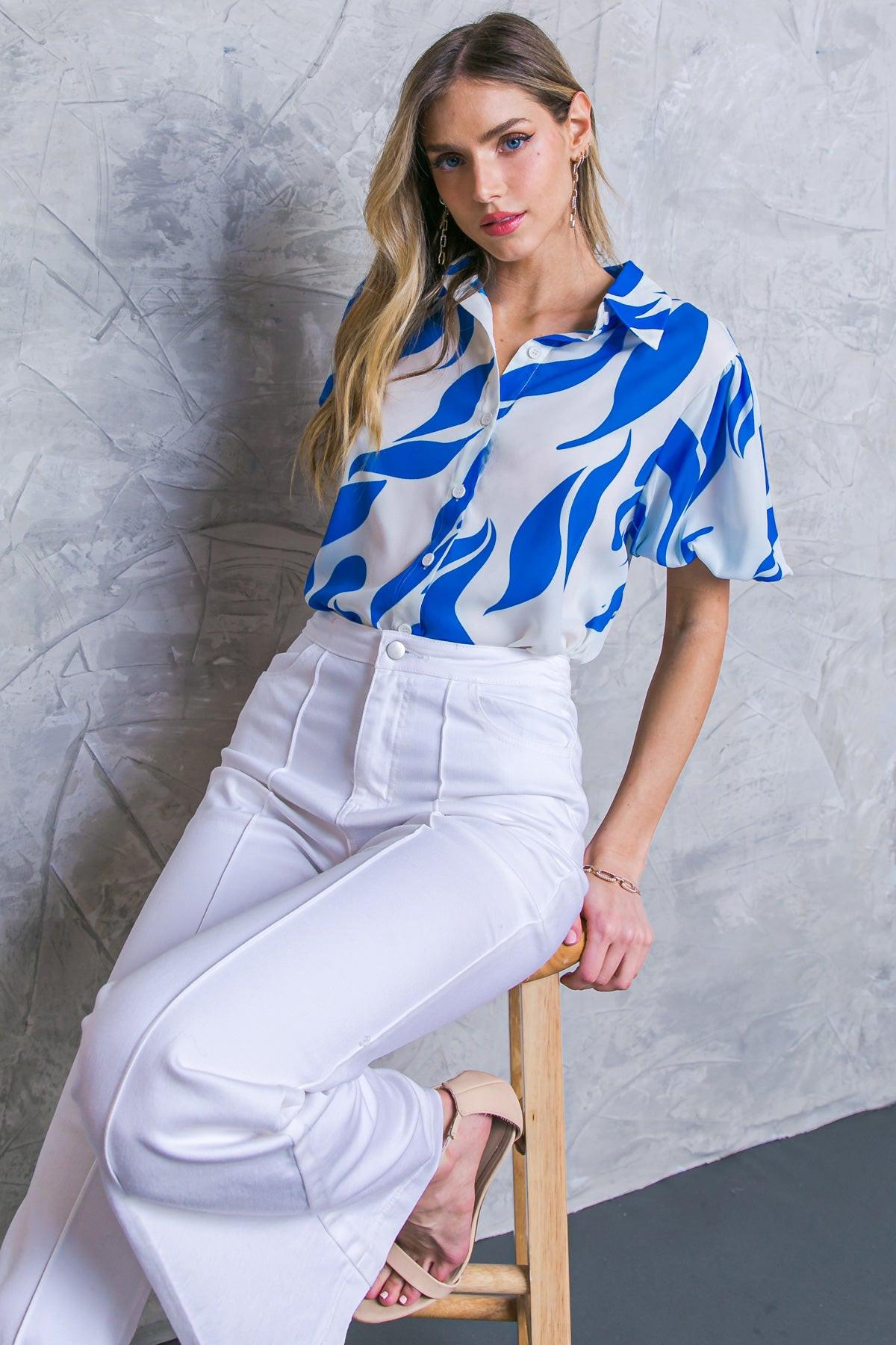 Major Crush Woven Top With Printed Design Shirt Collar And Short Puff Sleeves