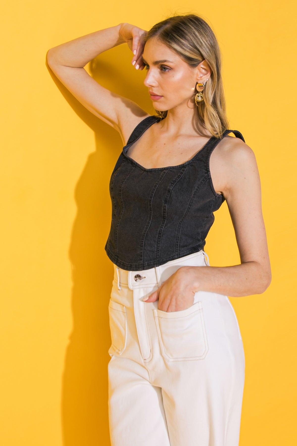 All Ahead Denim Crop Top With Straight Neckline And Adjustable Straps