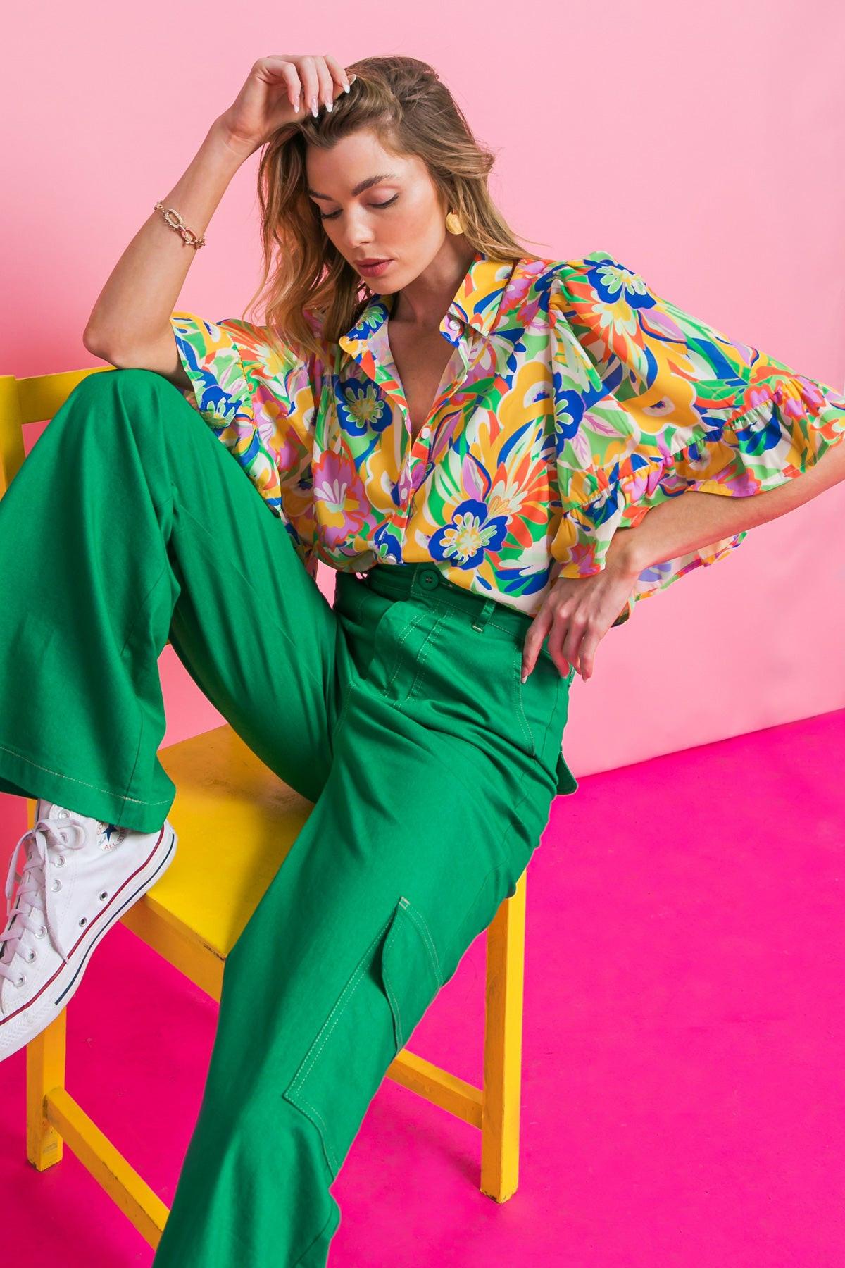 Ready to Get Away Woven Top with Short Sleeves and Ruffle Hem Polyester