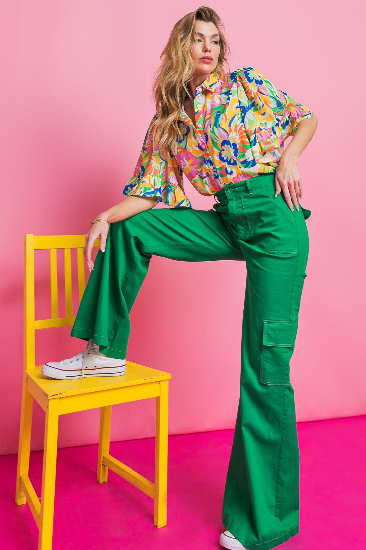 Ready to Get Away Woven Top with Short Sleeves and Ruffle Hem Polyester
