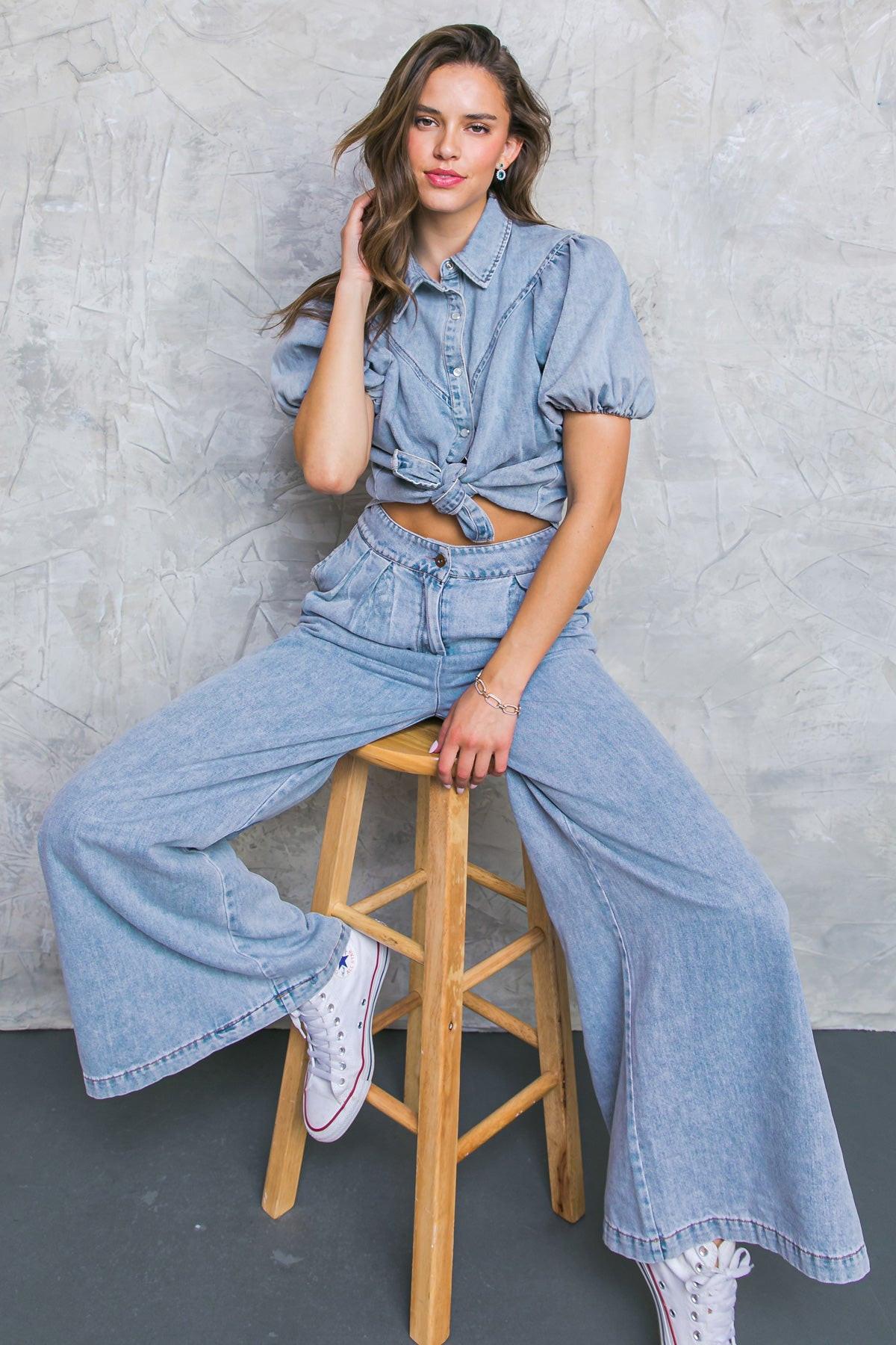 Always A Mood Denim Acid Wash Puff Sleeve Top With Shirt Collar
