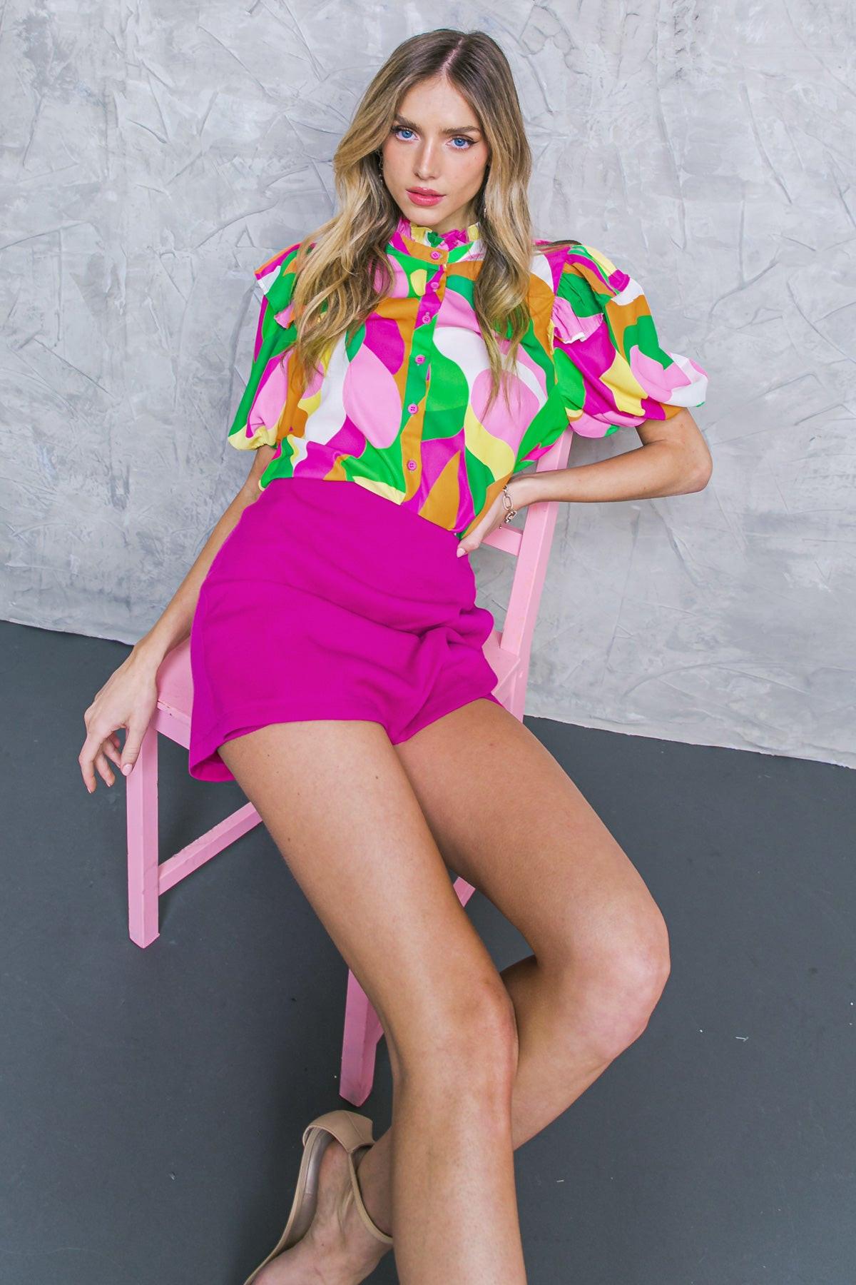 Make Them Proud Woven Top High Neck Ruffle Edge Puff Sleeves