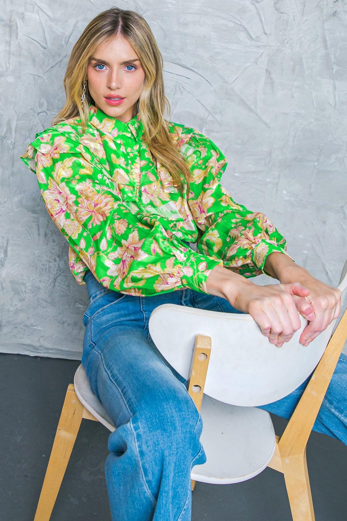 Stuck On An Island Printed Woven Top With Ruffles And Shirt Collar