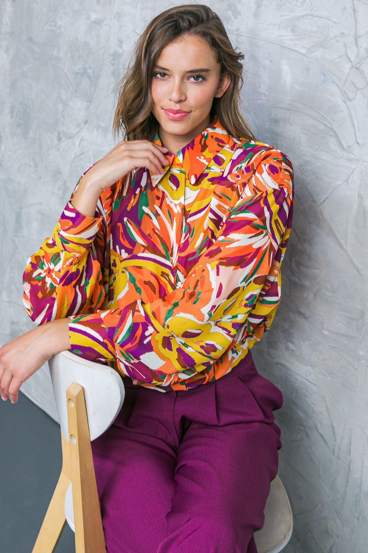 Famous Behavior Printed Woven Top With Shirt Collar And Long Sleeves
