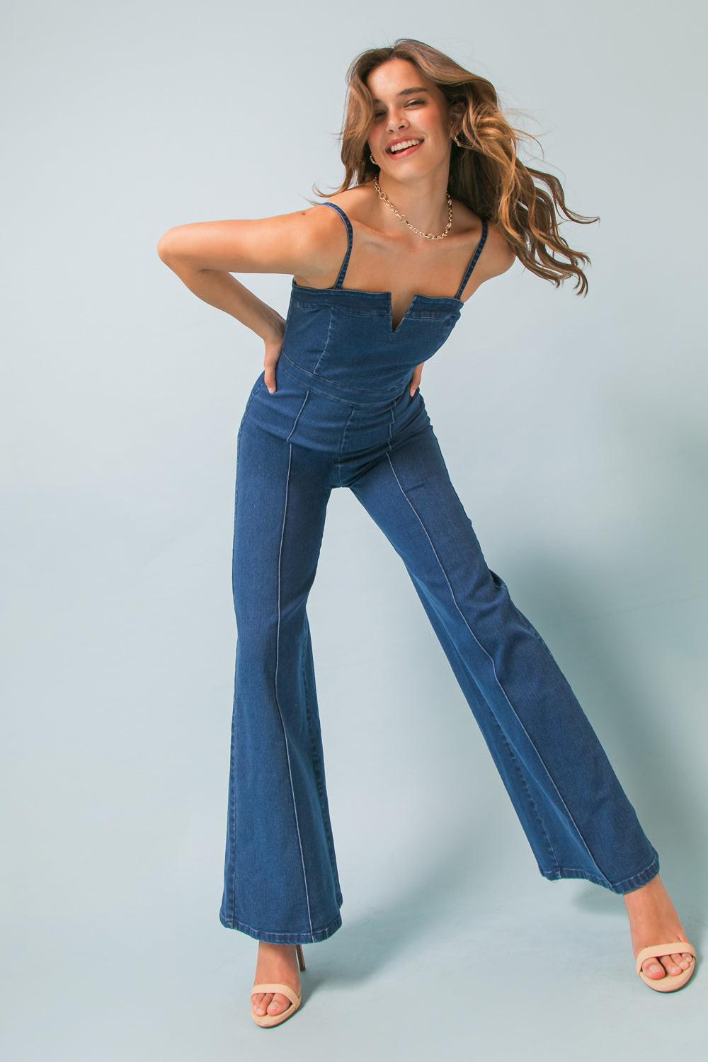 Making Magic Denim Jumpsuit With Flare Legs And V Neck Back Zipper