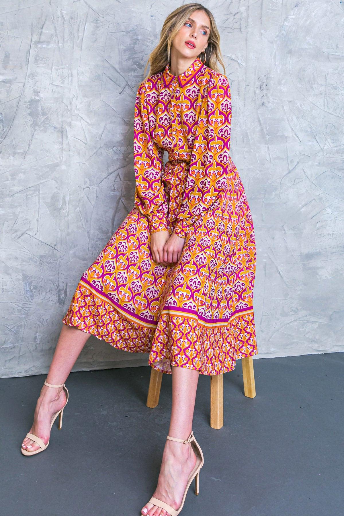 Lifetime Celebrations Printed Woven Shirt Dress With Long Sleeve Self Tie Waist