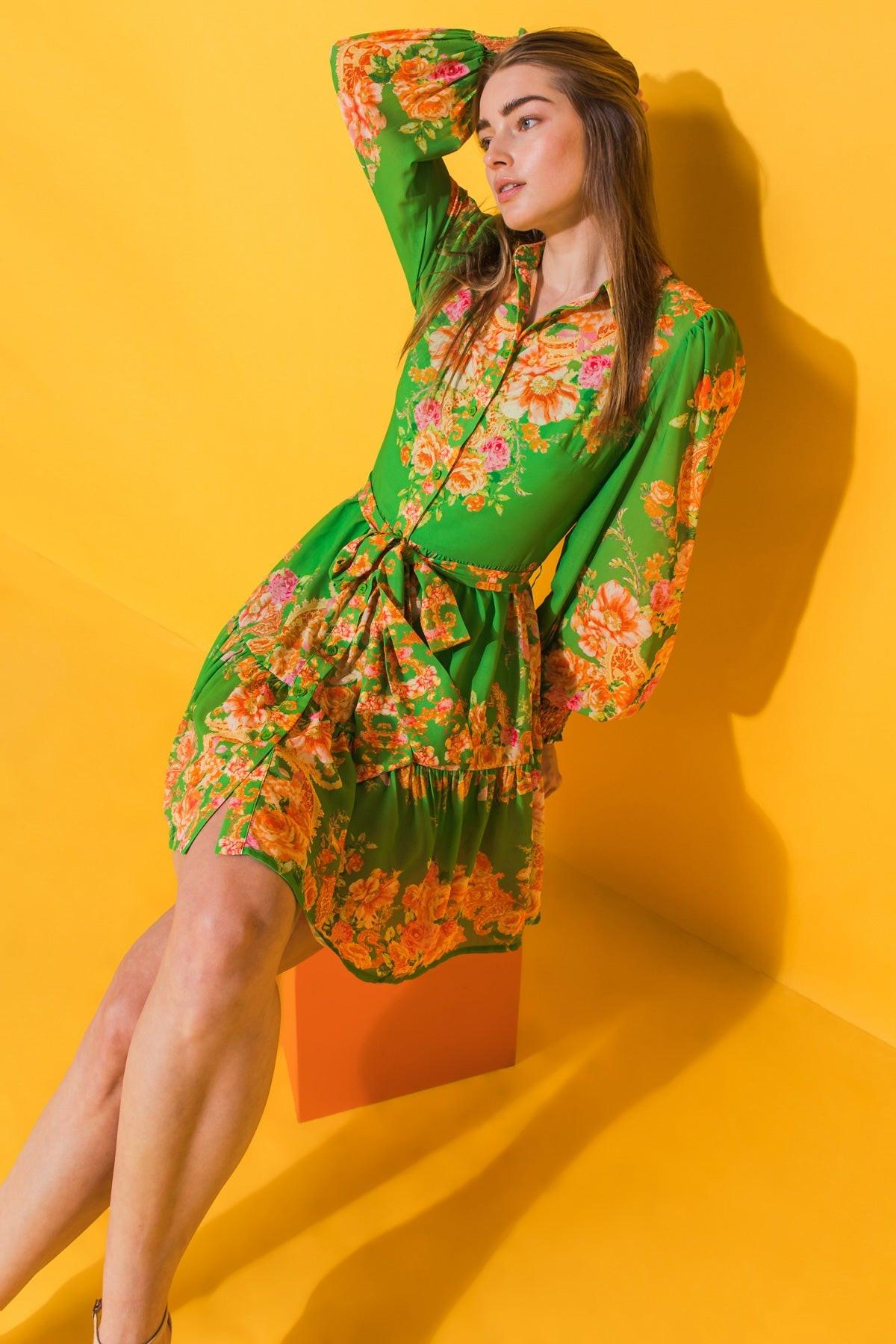 Furthest Thing Woven Mini Dress With Shirt Collar and Ruffled Hem