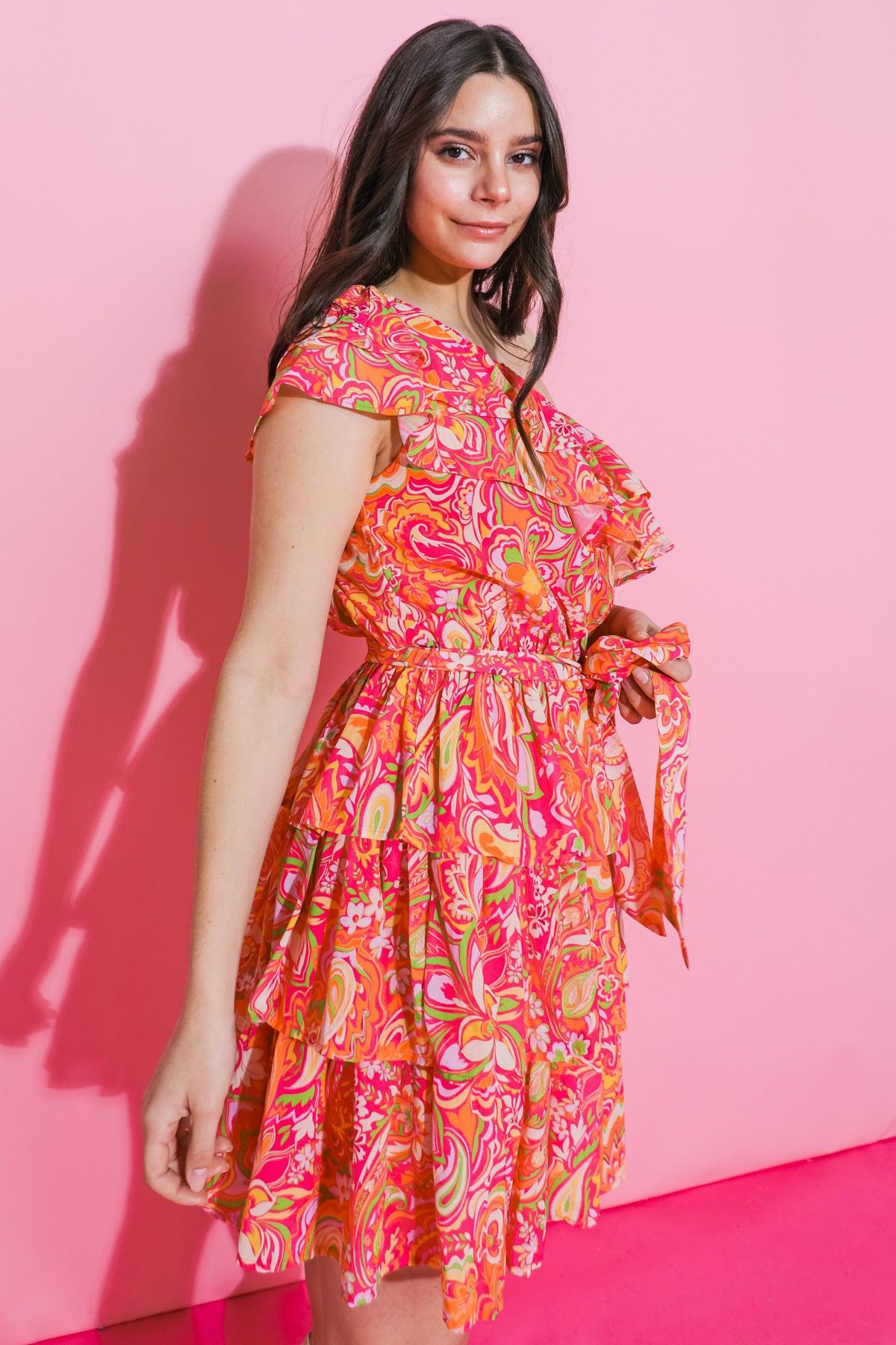 Sunflower Fields One Shoulder Mini Dress With Layered Flounce