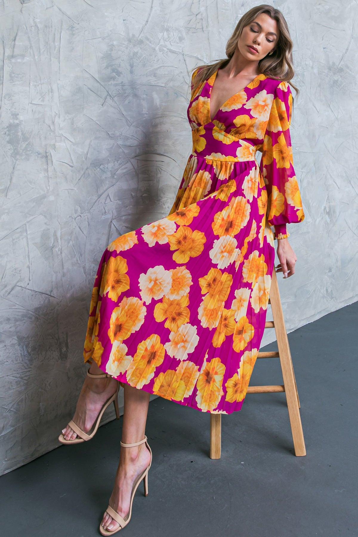 Floral Woven Midi Dress With V Neckline And Smocked Details