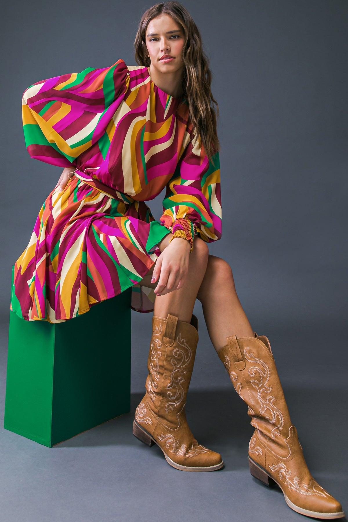 Keep On Moving Printed Woven Mini Dress With Elasticized Waist Self Sash Tie
