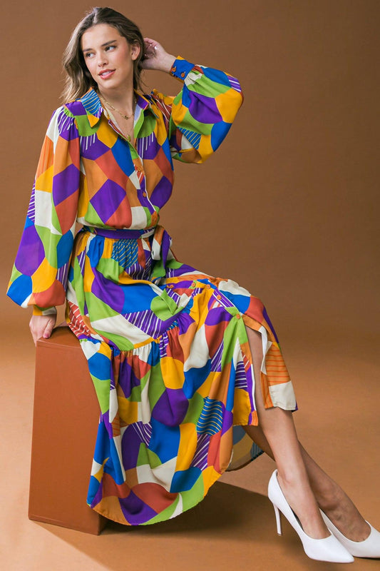 Remarkable Flair Printed Woven Midi Dress With Shirt Collar And Self Tie