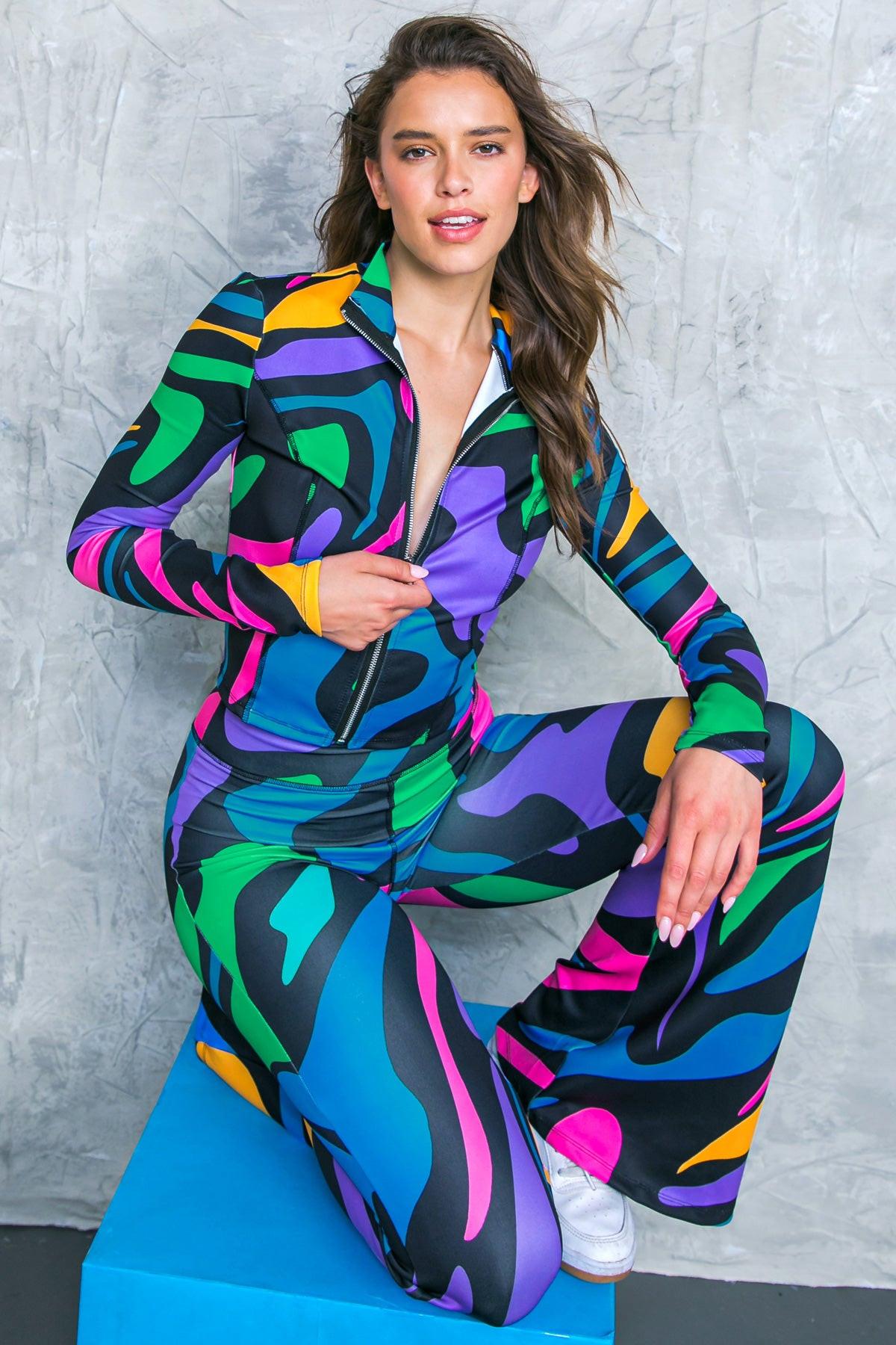 Saying Hello Scuba Tracksuit Printed Two Piece Set With Front Zipper